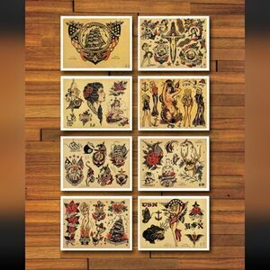 Set of 8 American Traditional Flash Sheet Prints, Size 8.5 x 11